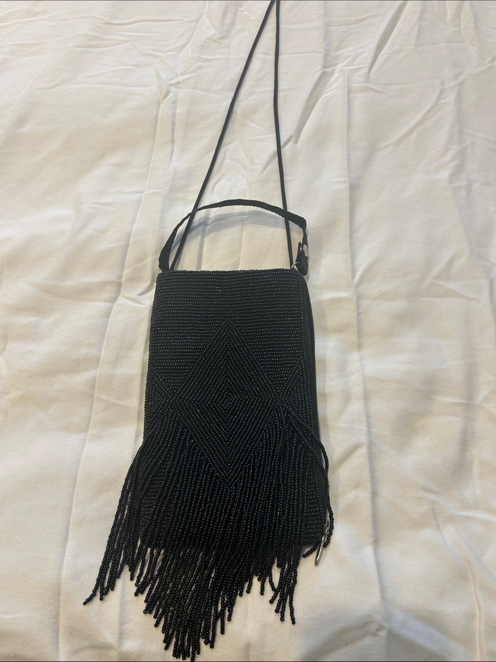 Black Beaded Fringe Crossbody Bag - Women